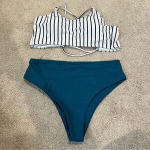 Striped Teal and White Bikini Top with Teal Bottom